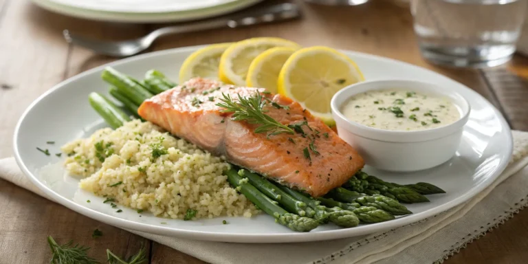 Roasted salmon served with asparagus and lemon couscous