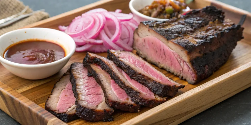 Sliced smoked beef short ribs with visible pink smoke ring