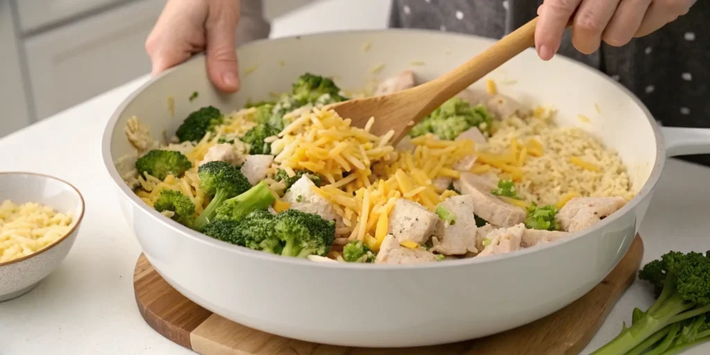 Mixing chicken broccoli rice casserole ingredients in a bowl