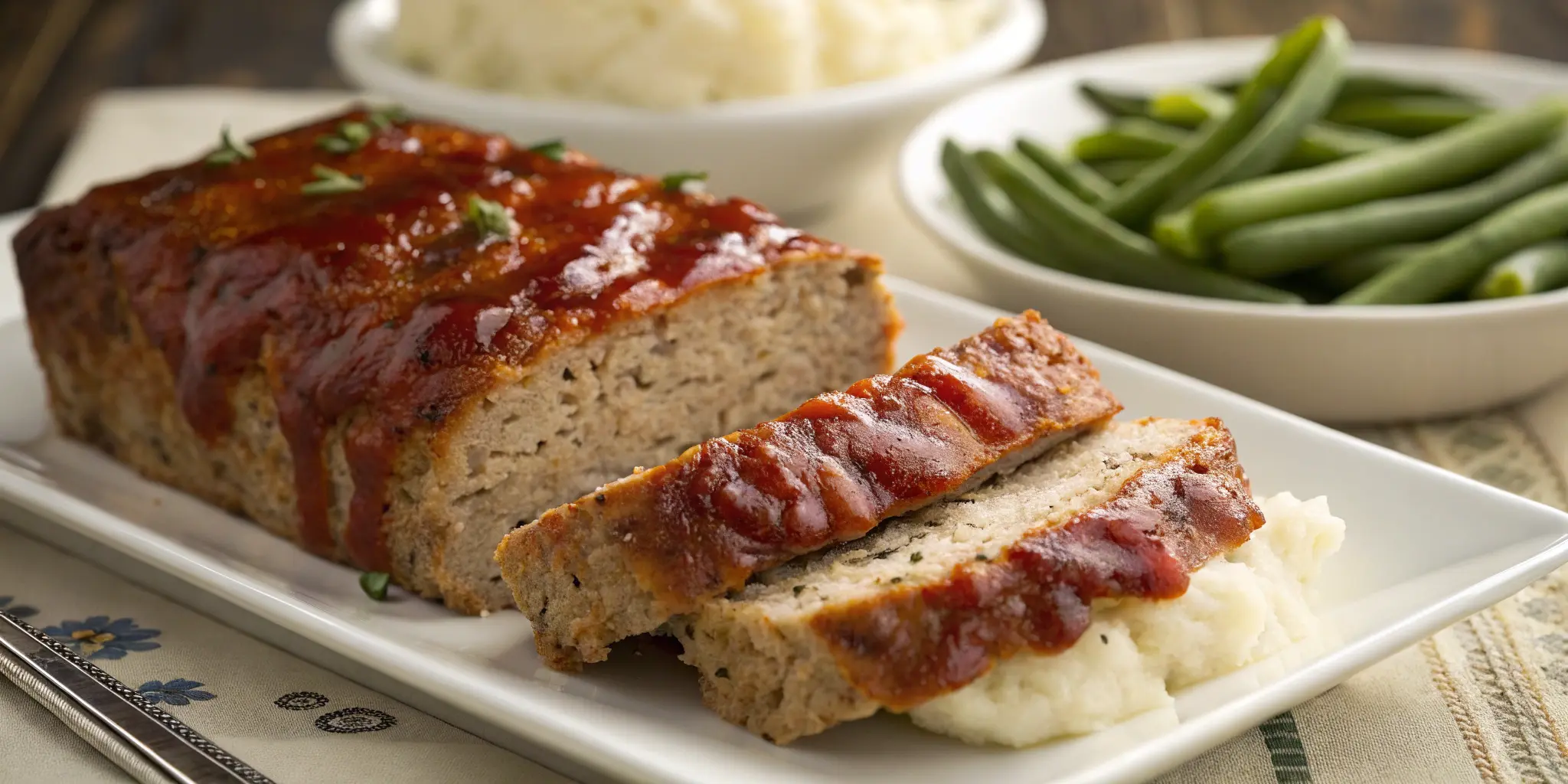 Sliced ground chicken meatloaf served with classic sides