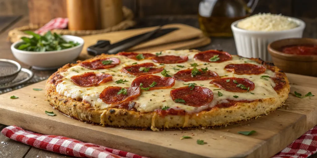 Baked chicken crust pizza topped with cheese, sauce, and pepperoni