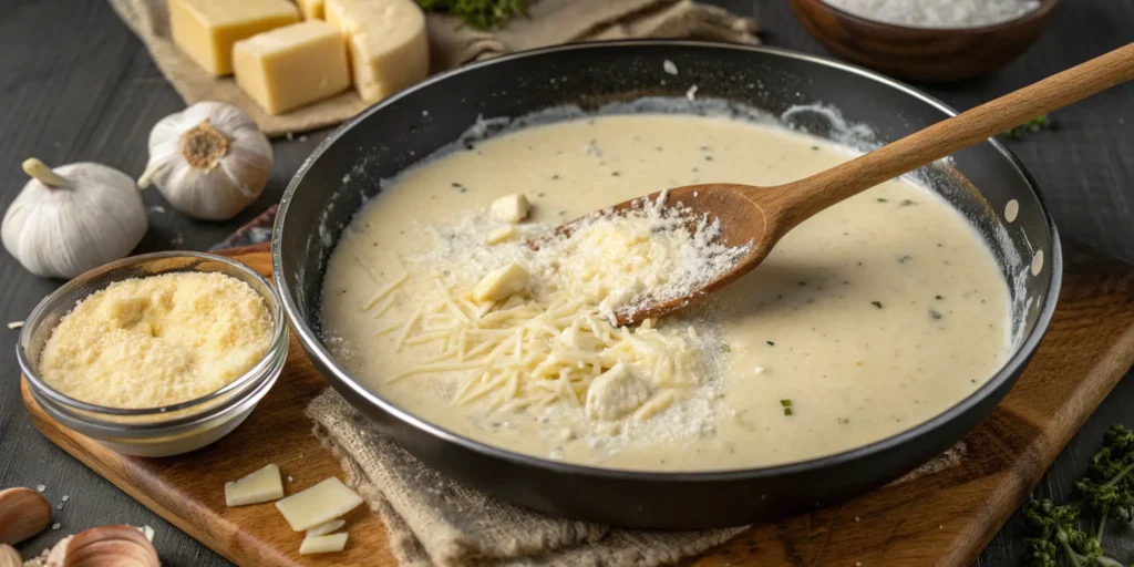 Alfredo sauce being made from butter, cream, and cheese