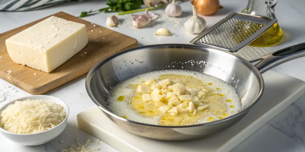 Garlic sautéing in butter for Alfredo sauce