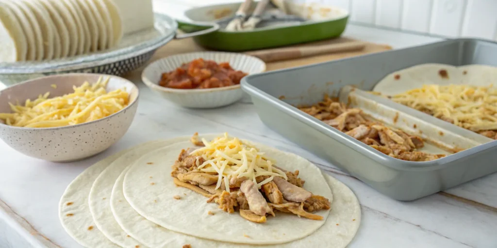 Filling tortillas with chicken and cheese for enchiladas