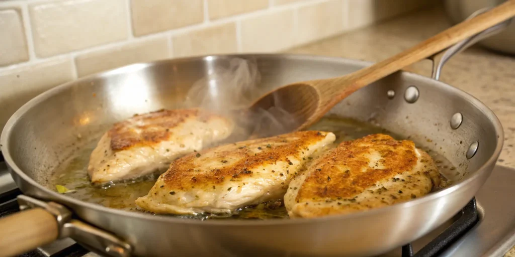 Chicken breasts searing in a skillet for Chicken Marsala