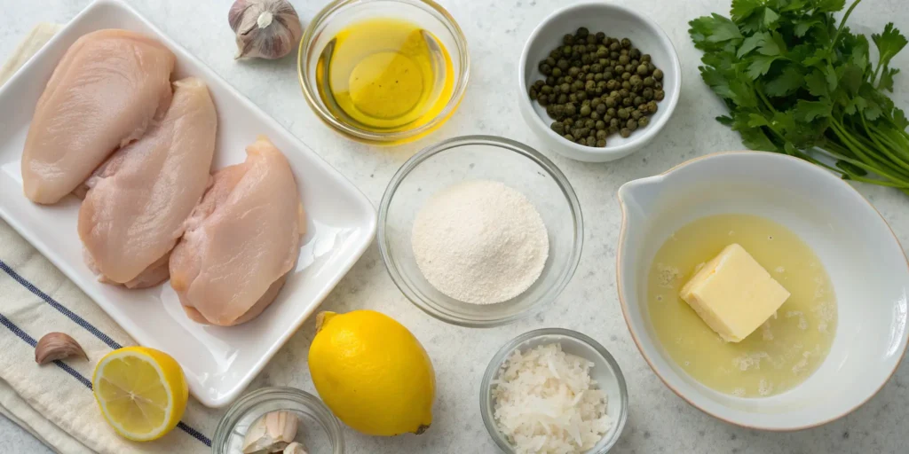 Chicken piccata ingredients including lemon and capers