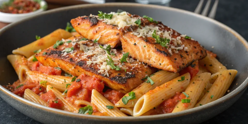 Cajun salmon pasta with creamy spicy sauce and blackened salmon