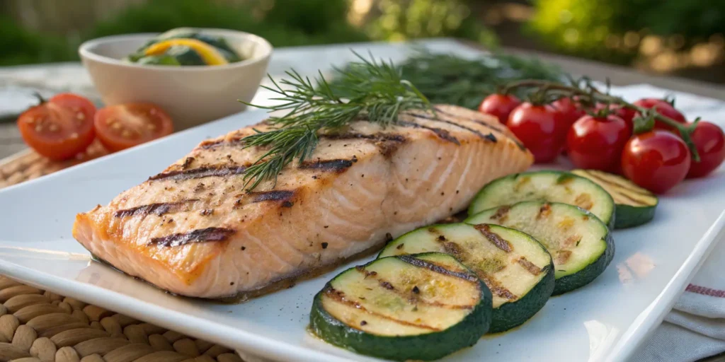 Lemon honey grilled salmon with dill and grilled vegetables