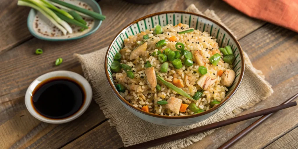 Hibachi fried rice garnished with green onions and sesame seeds