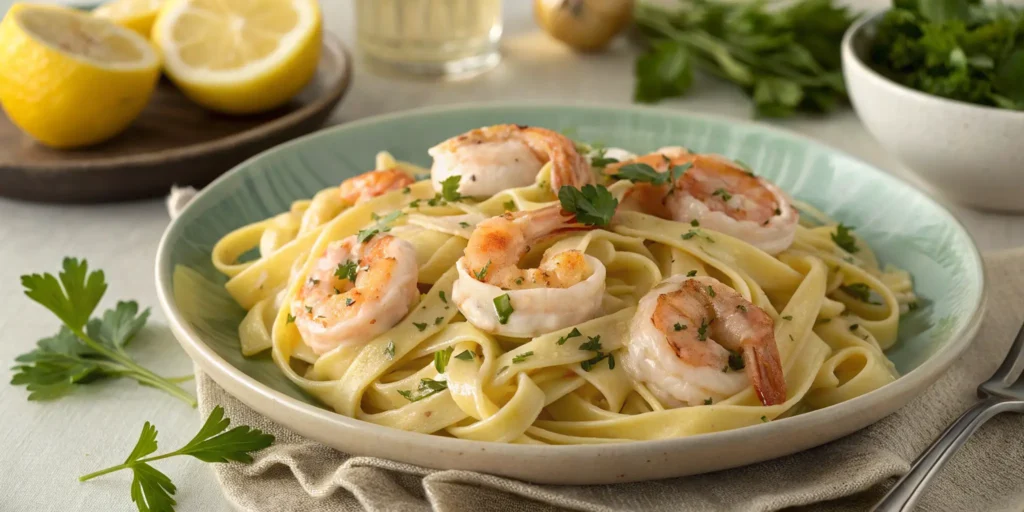 Shrimp pasta tossed in creamy lemon butter garlic sauce
