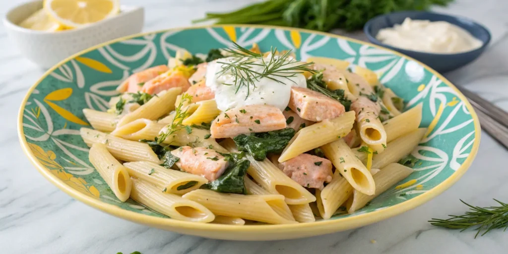 Penne pasta with salmon and spinach in a light lemon yogurt sauce