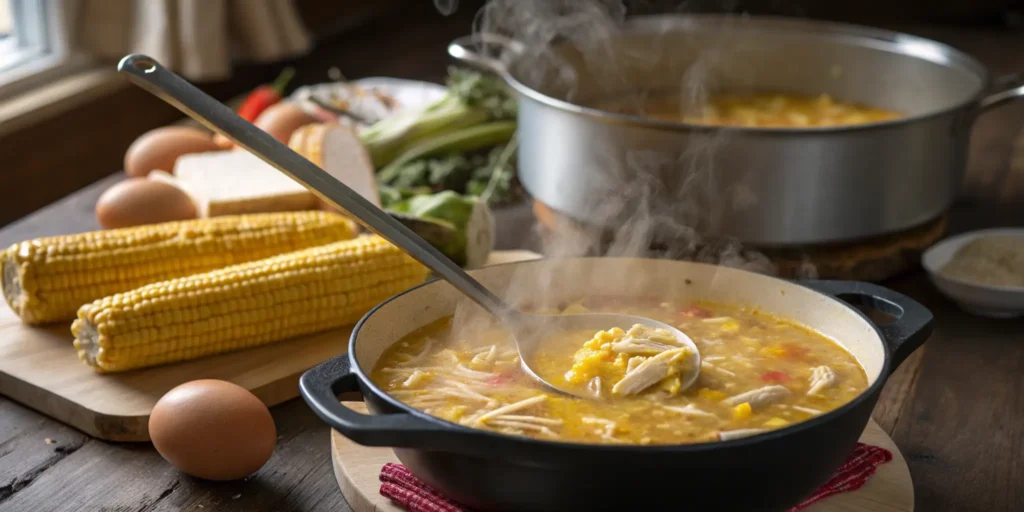 Chicken corn soup being cooked in a pot, with visible steam and ingredients