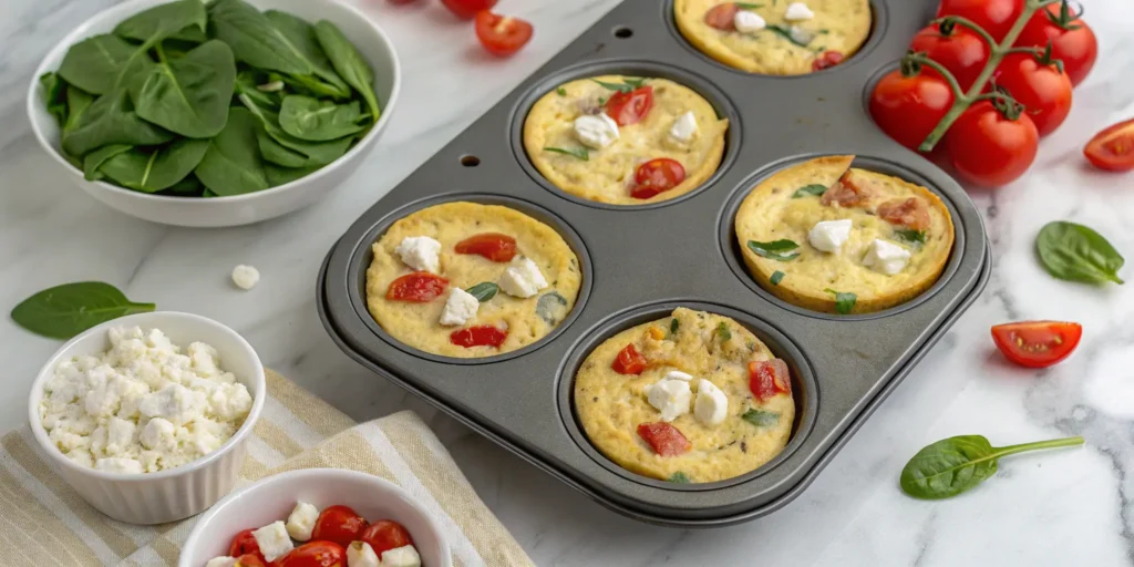 Chicken and vegetable egg muffins in a tin, surrounded by fresh spinach and cherry tomatoes, Chicken and Eggs