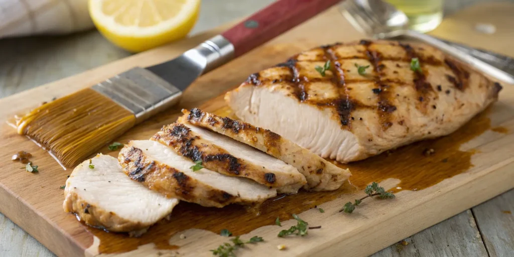 Juicy grilled chicken breast being sliced for Caesar salad