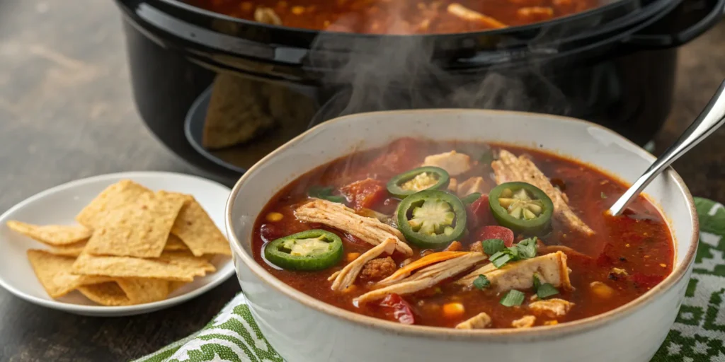 Spicy chicken tortilla soup with jalapeños and chili flakes