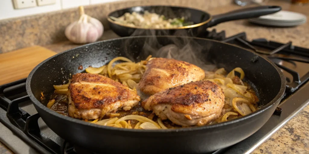 Searing chicken thighs and sautéing onions in skillet to build soup flavor