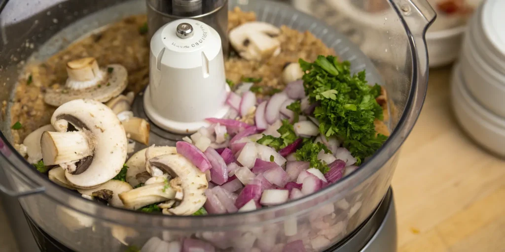 Preparing mushroom duxelles in a food processor for Beef Wellington