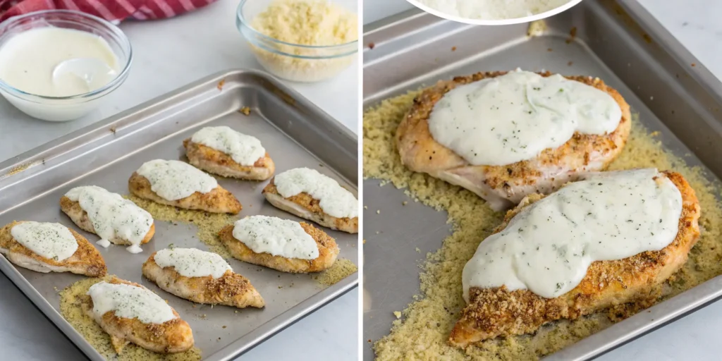 Assembling LongHorn Parmesan Crusted Chicken before baking