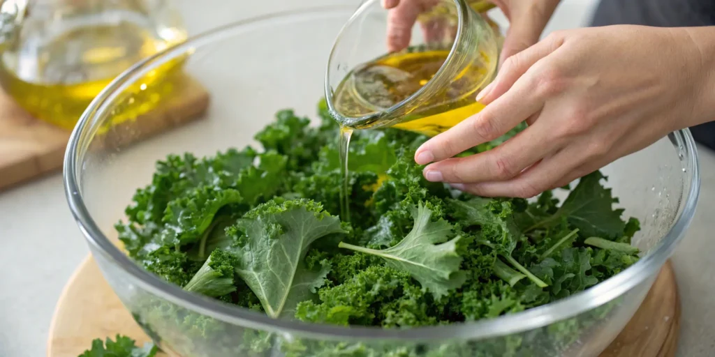 Massaging kale leaves with olive oil in a glass bowl