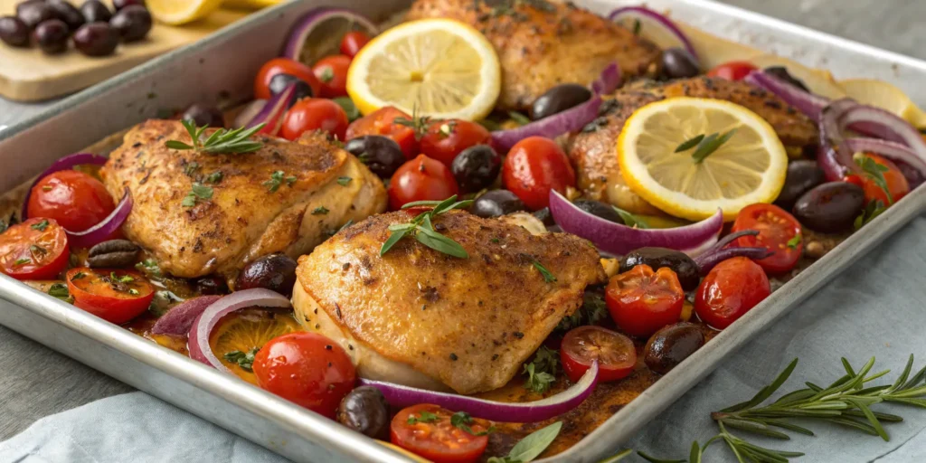 Mediterranean sheet pan chicken with olives and tomatoes