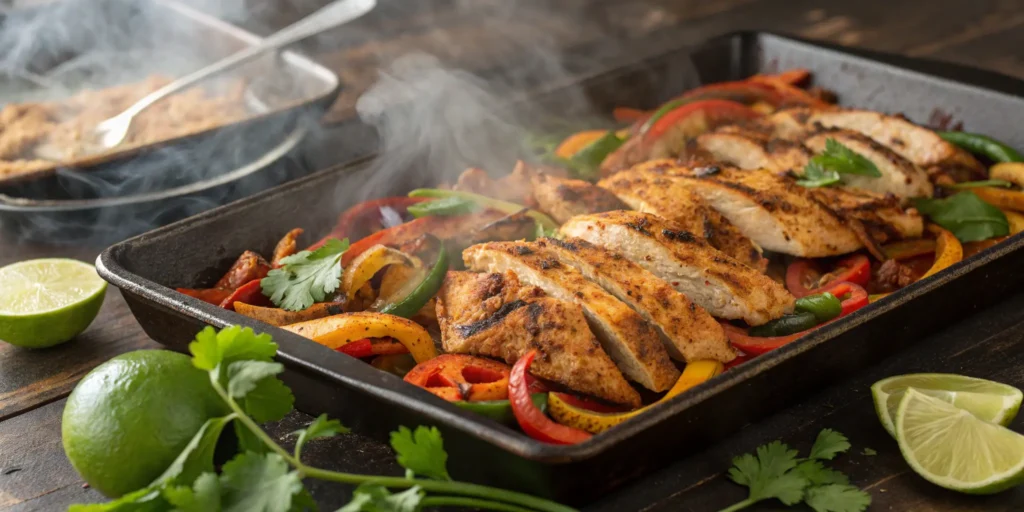 Baked sheet pan chicken fajitas with fresh herbs and lime