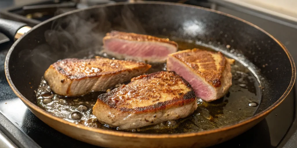 Liver slices being seared in a pan for a classic liver and onions recipe