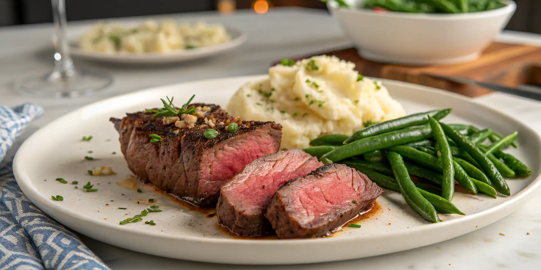 Cooked steak tips served with mashed potatoes and vegetables; Steak Tips Recipe