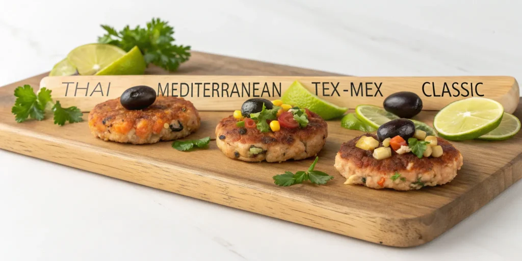Assorted global salmon patty variations including Thai, Mediterranean, Tex-Mex, and Classic