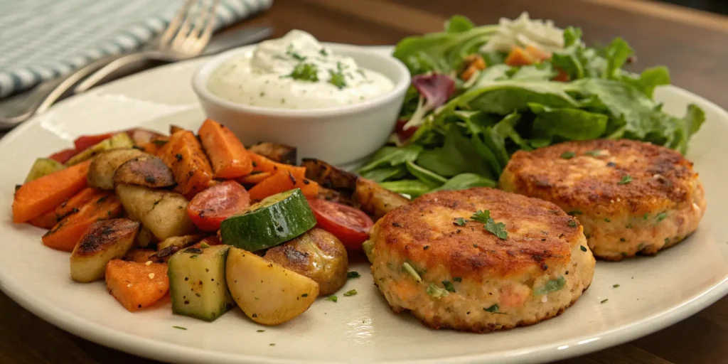 Baked salmon patties served with salad and vegetables for a balanced dinner