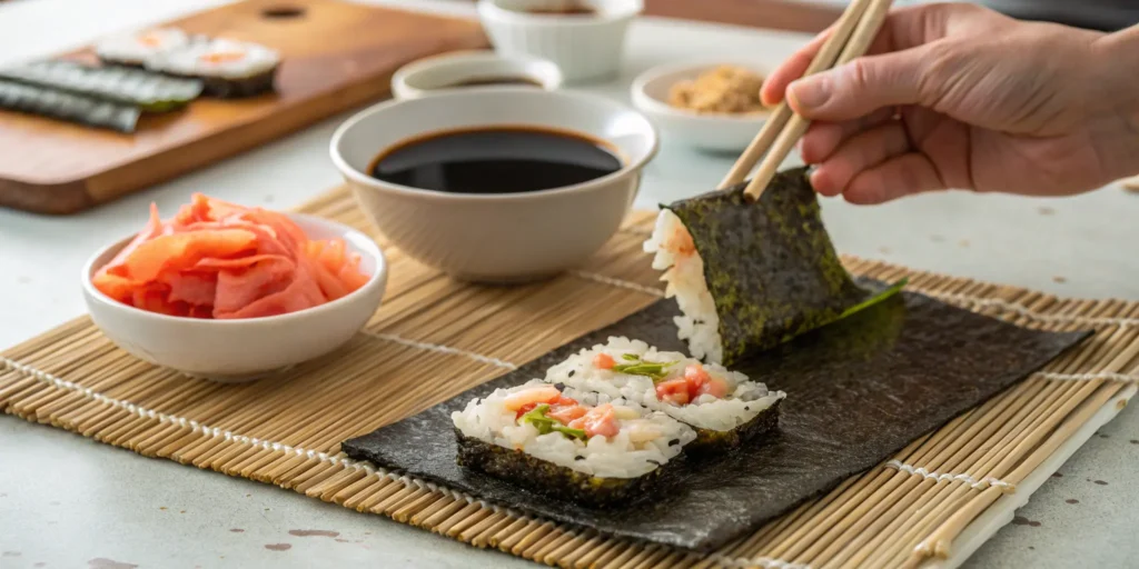 Hand placing a spoonful of sushi bake onto a crispy seaweed sheet