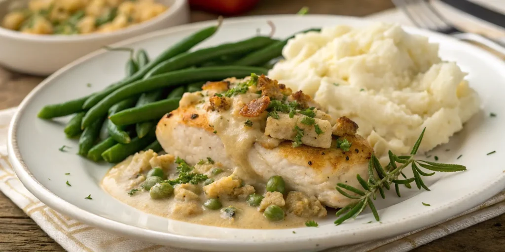 Plated stove top stuffing chicken bake served with steamed green beans and mashed potatoes garnished with fresh herbs