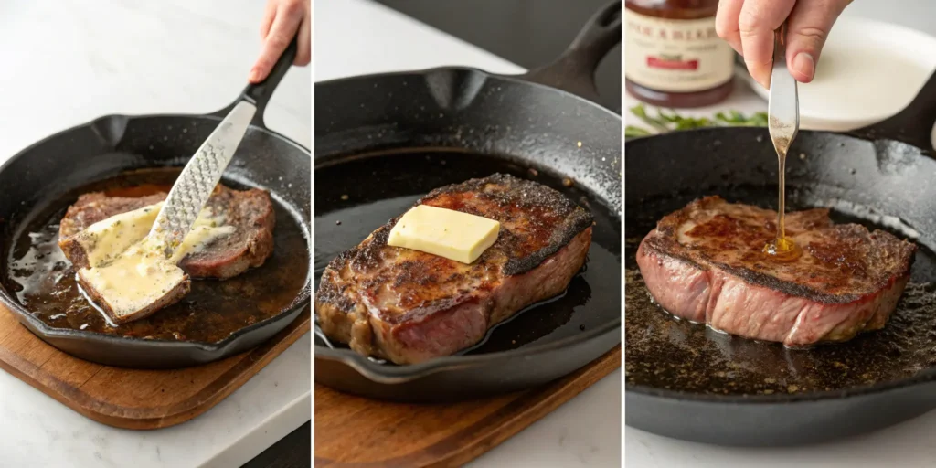 Pan-searing steak with butter basting in cast iron skillet step by step