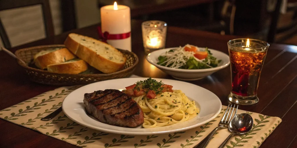 Steak and pasta meal with wine and side dishes