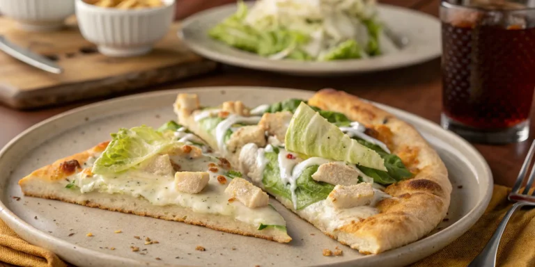Served slice of Chicken Caesar Pizza with Caesar salad and drink