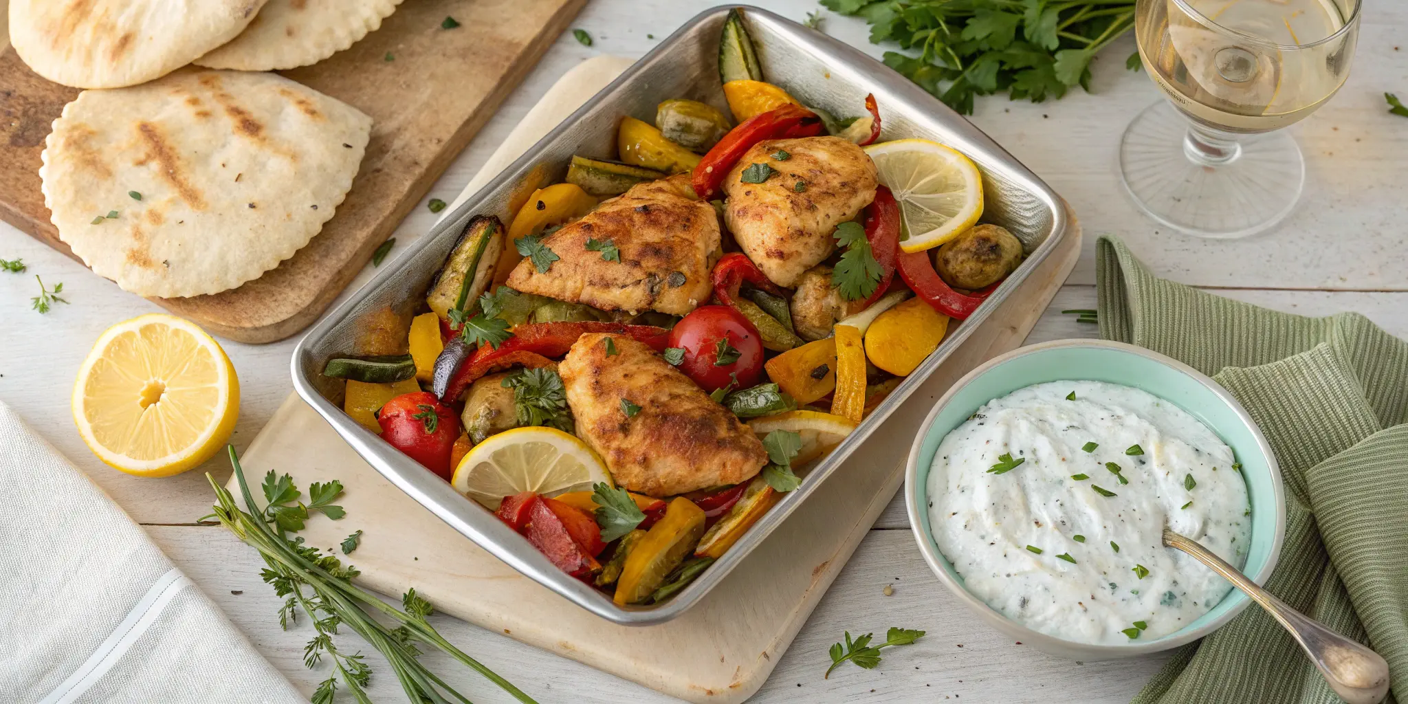 Image of Greek sheet pan chicken and veggies in the middle of the roasting process inside an oven, capturing the delicious golden texture and natural caramelization