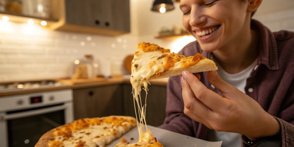 Person enjoying a slice of chicken dough pizza