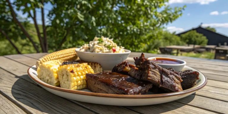 Smoked beef short ribs served with slaw, corn, and sauce