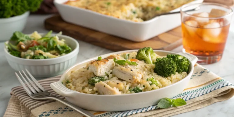 A serving of chicken broccoli rice casserole on a white plate