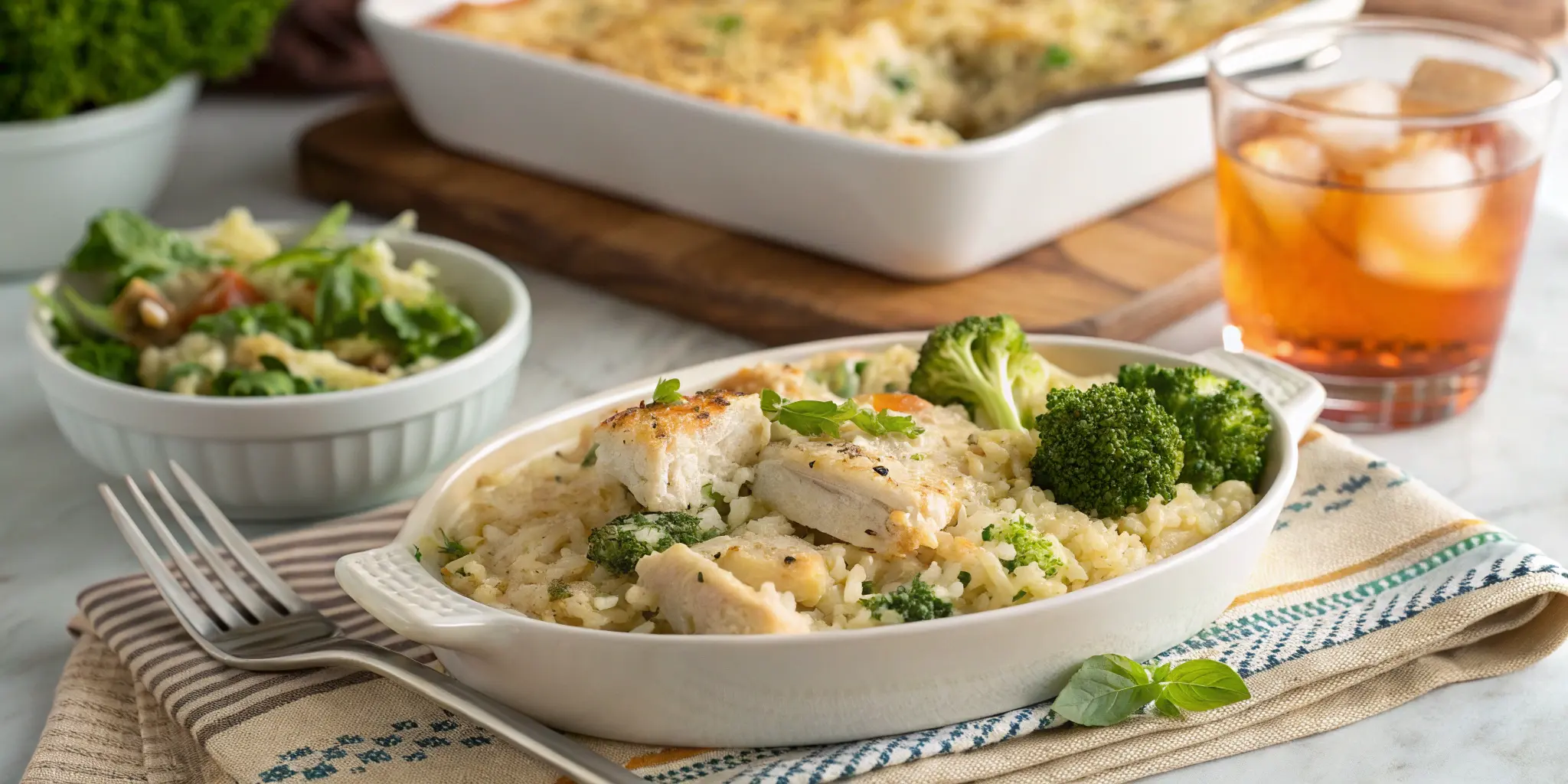 A serving of chicken broccoli rice casserole on a white plate