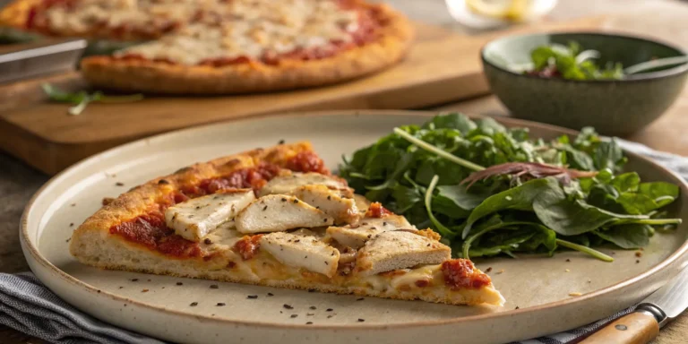 Slice of chicken crust pizza served with salad on a plate