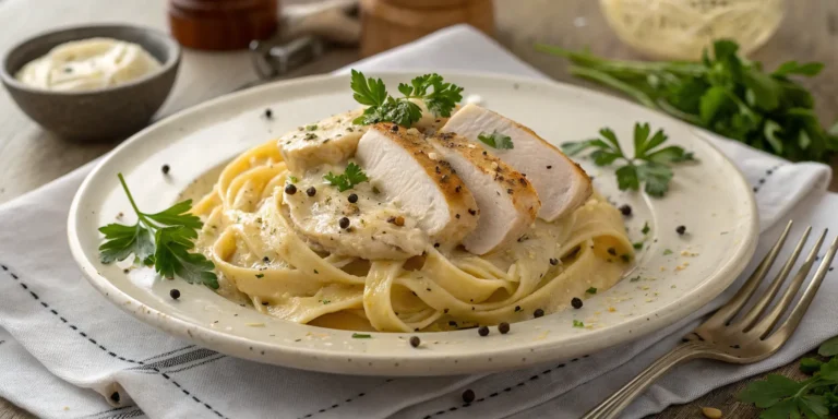 Plated chicken Alfredo pasta with creamy sauce