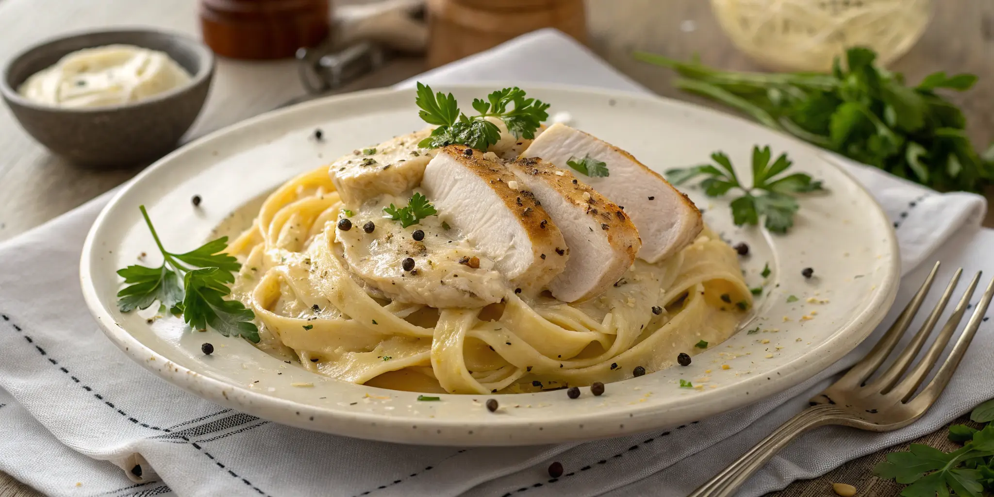 Plated chicken Alfredo pasta with creamy sauce