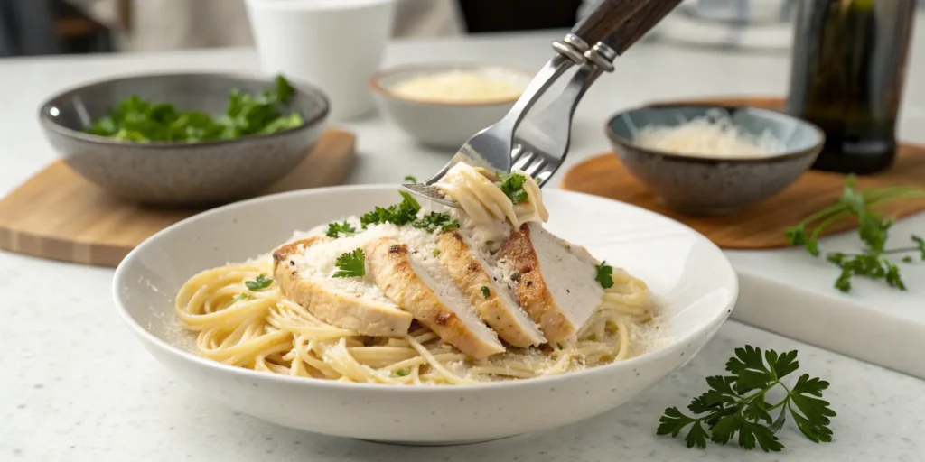 Alfredo pasta being plated with seasoned chicken