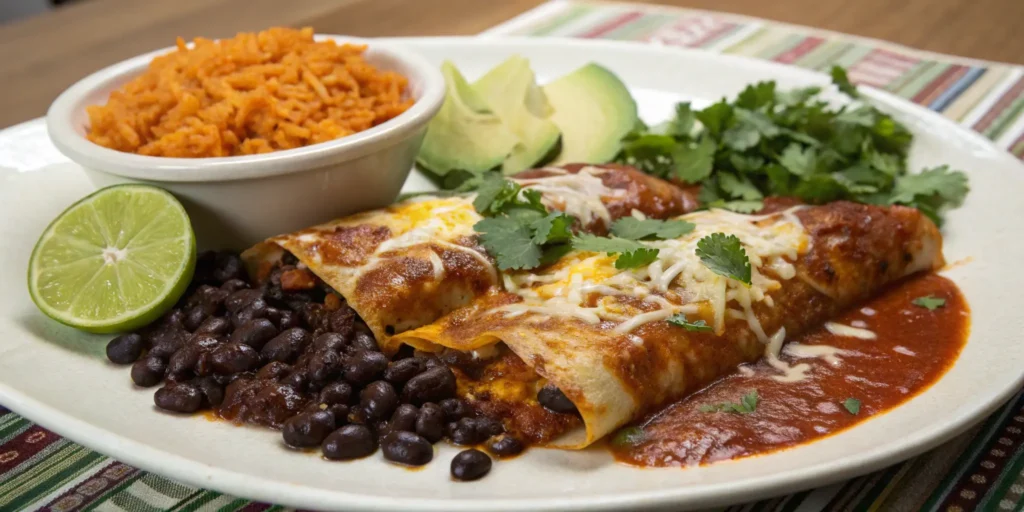 Chicken enchiladas served with rice and beans on a plate
