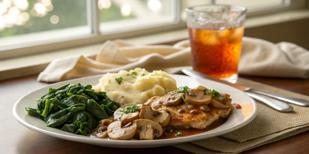 Chicken Marsala served with mashed potatoes and spinach