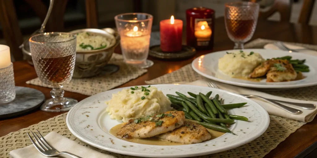 Chicken piccata dinner served with sides and SODA