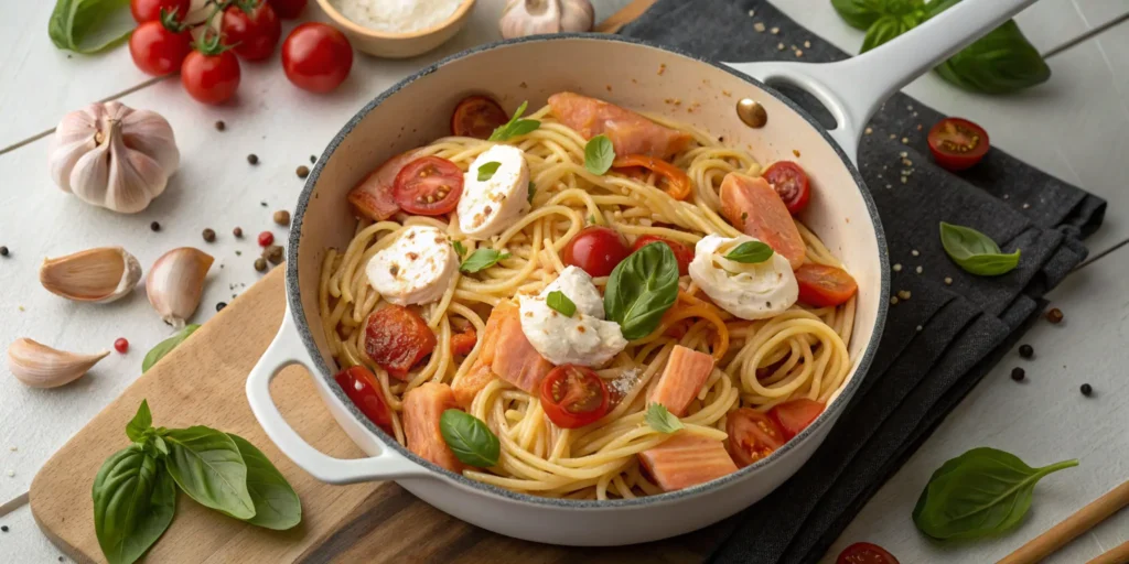 One-pot tomato basil salmon pasta with flaked salmon and herbs