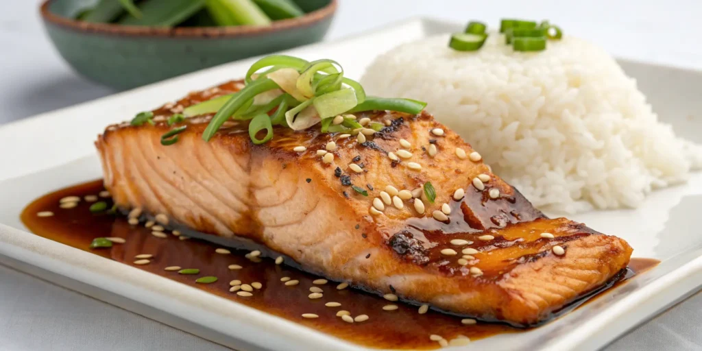 Honey sesame teriyaki salmon with rice and bok choy
