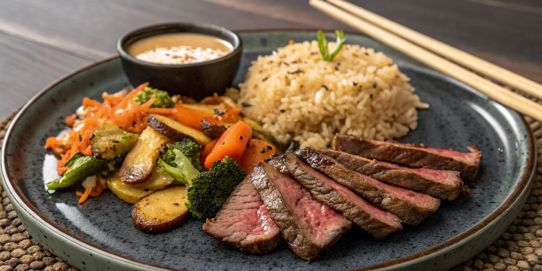 Plated hibachi dinner with beef, rice, veggies, and sauce