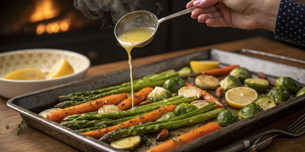 Roasted vegetables topped with lemon butter sauce
